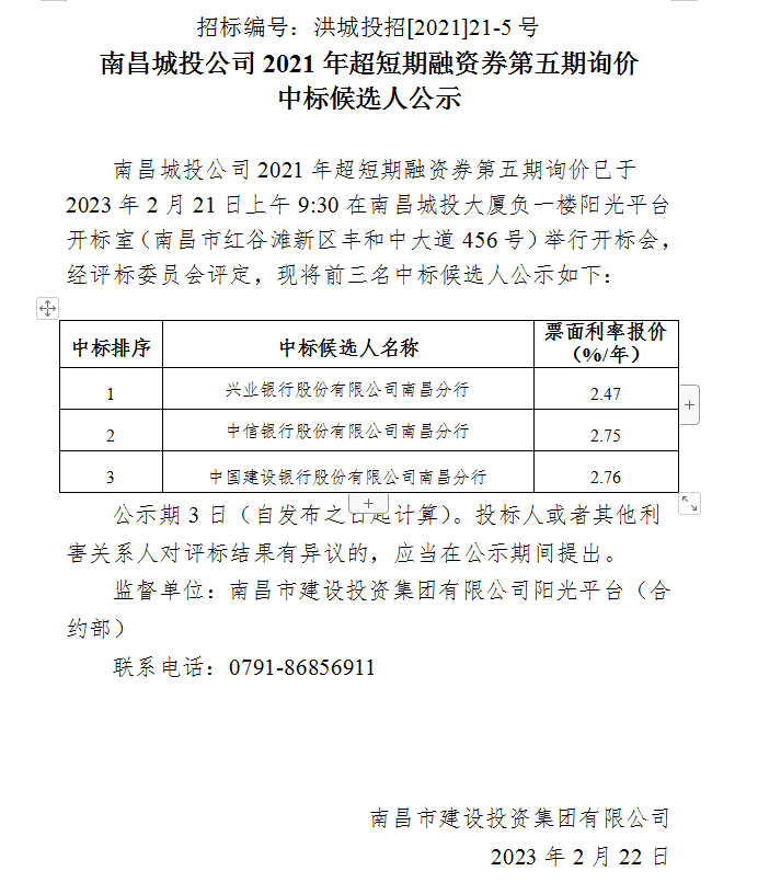 南昌城投公司2021年超短期融资券第五期询价 中标候选人公示_乐盈VI官网