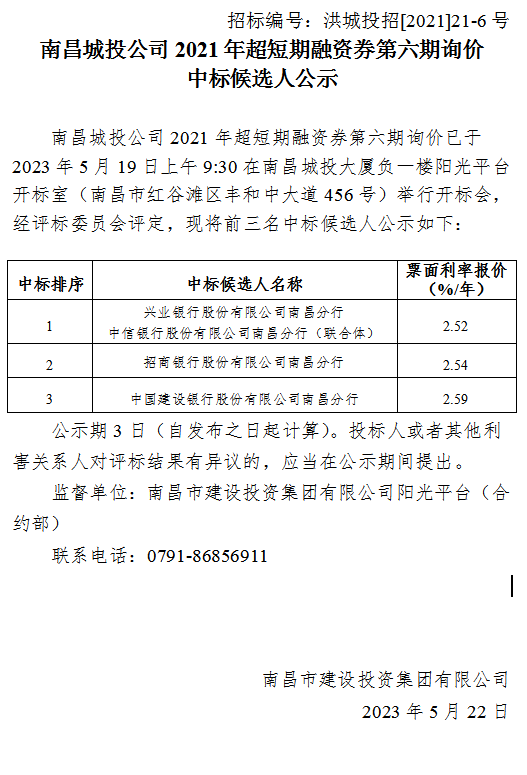 2021年超短融融资券第六期询价中标候选人公示_乐盈VI官网