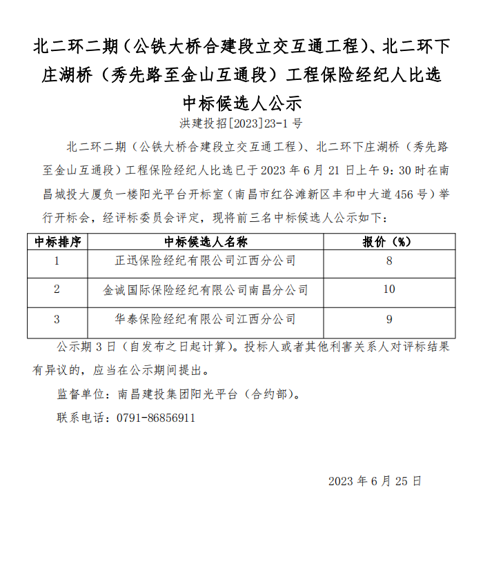 北二环二期（公铁大桥合建段立交互通工程）、北二环下庄湖桥（秀先路至金山互通段）工程包管经纪人比选 中标候选人公示_乐盈VI官网